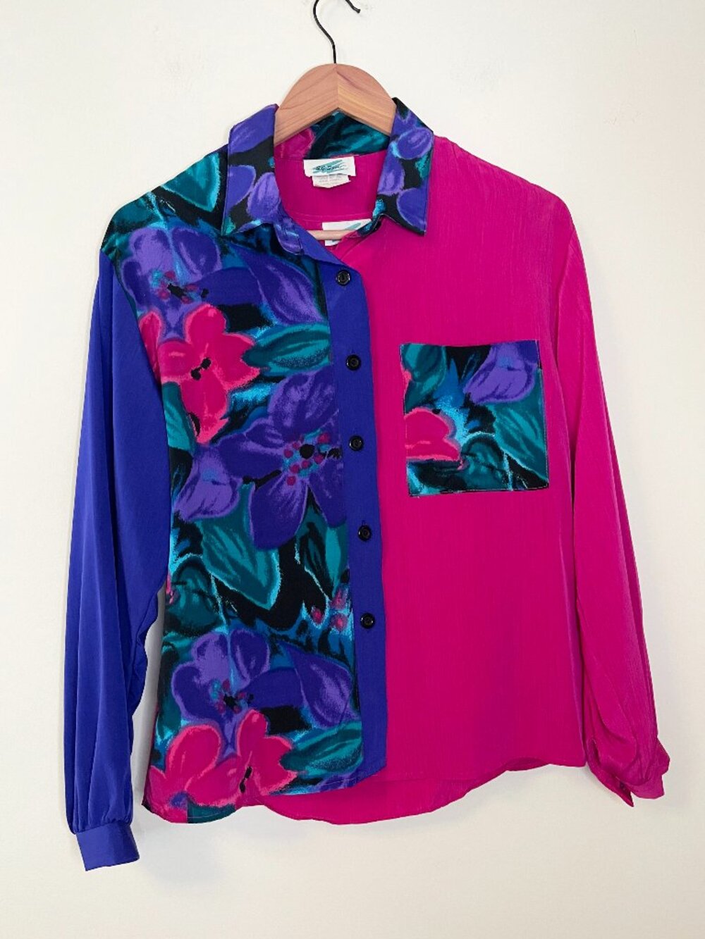 Vintage 90s SG Sport 2 Piece Floral Blouse Tank Set Colorblock Pink Purple S
